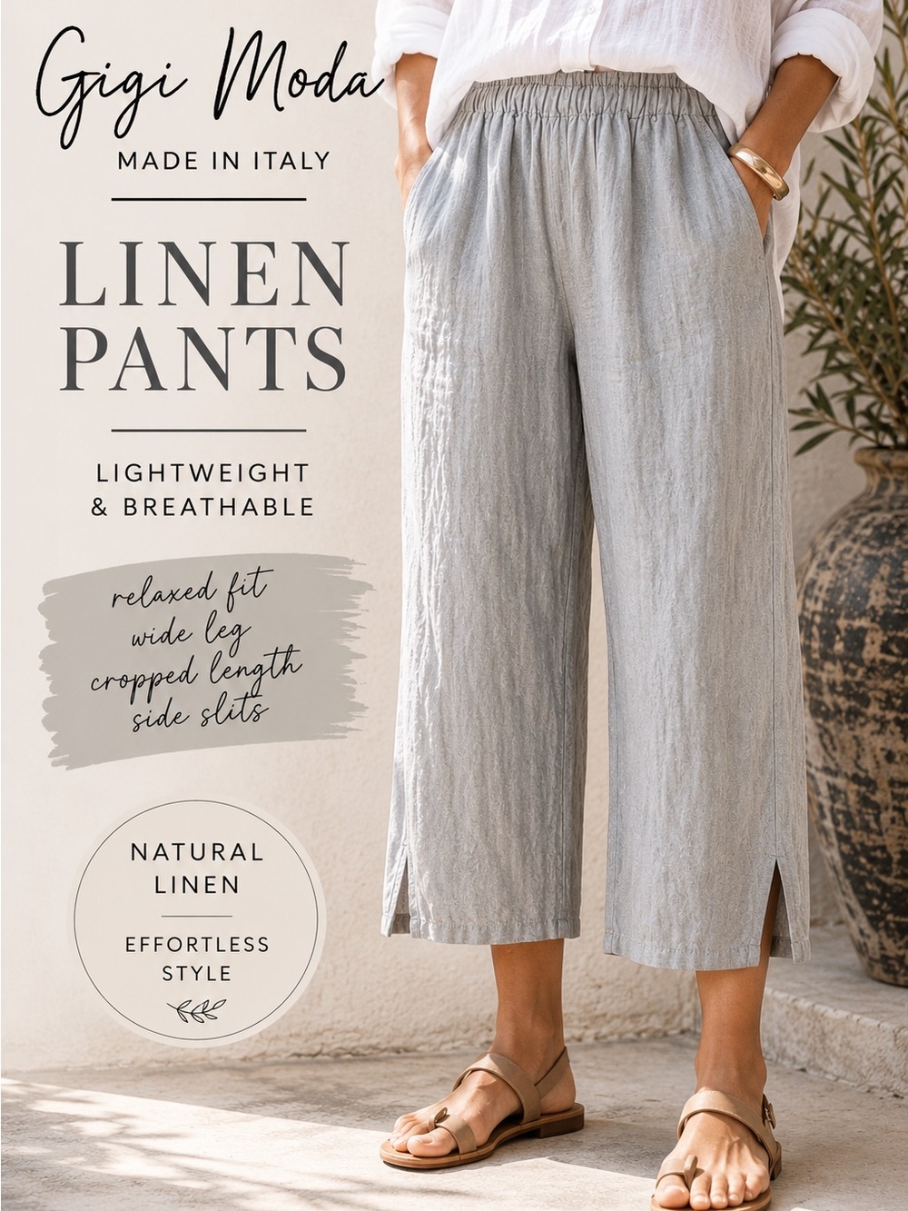Gigi Moda Italy Gray Linen Wide Leg Cropped Pants Elastic Waist Lagenlook